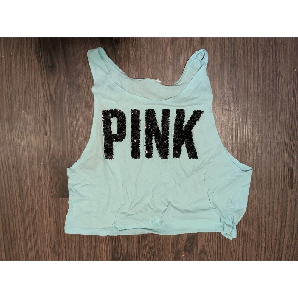 Pink By Victoria Secret T Shirt Women Medium Light Blue Sequined Sleeveless